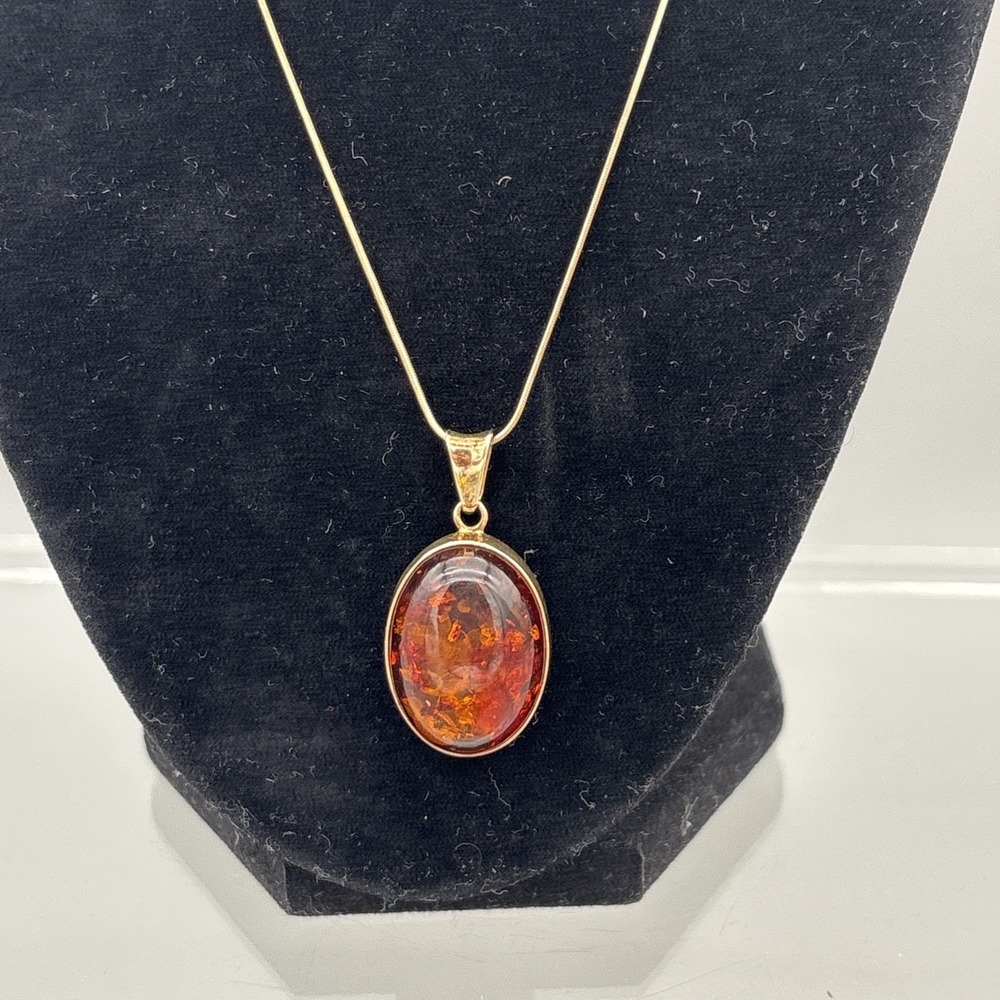 Vintage Sterling Silver (Gold tone silver) Amber 925 Necklace Pendant Italy